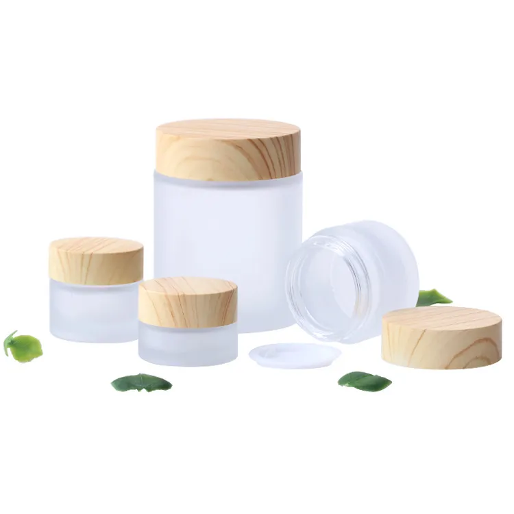 Frosted Glass Jar Cream Bottles Round Cosmetic Jars Hand Face Packing Bottle 5g 50g Jares With Wood Grain Cover