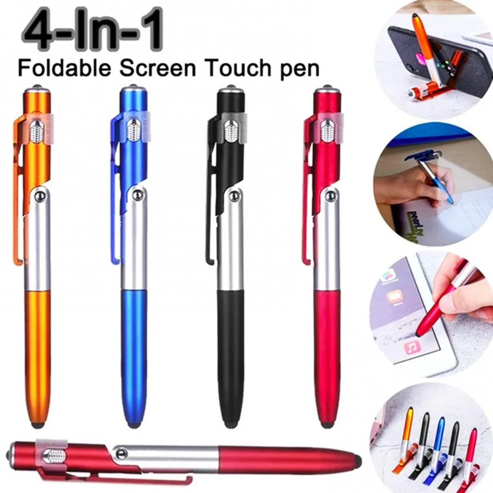 Ballpoint Stylus Pen 4 in 1 LED 조명 휴대 전화 랙 터치 용품 작성을위한 다기능 접이식 펜 사무실 사업