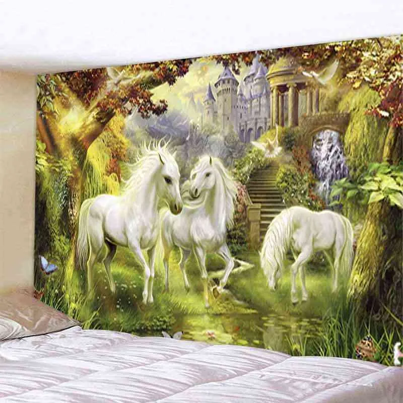 Fantasy White Horse Yoga Decorative Carpet Mandala Tapestry Bohemian Hippie Bedroom J220804