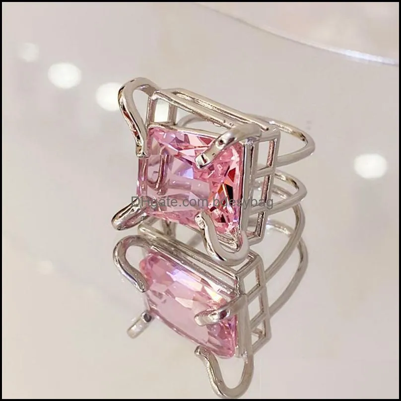 vintage colorful square crystal silver color metal open ring for women girls jewelry y2k party gifts