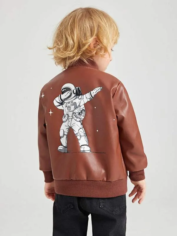 Peuter jongens astronaut print pu lederen jas zij