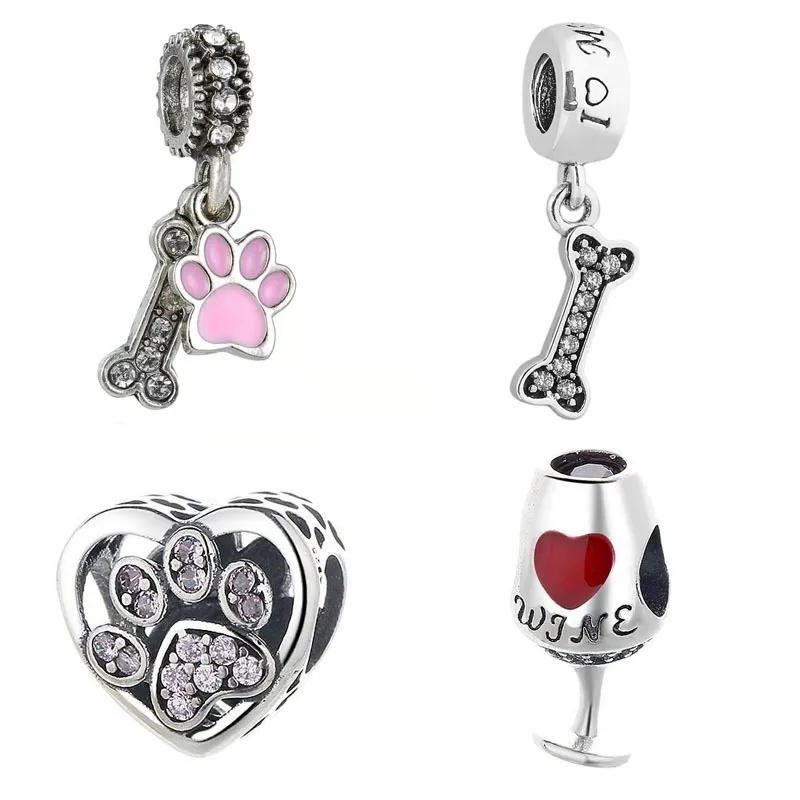 Fit Pandora Charm Bracelet Européen Argent Charms Blanc Cristal Chien Empreinte De Patte Pendentif Pet Chien Os Dangle DIY Chaîne De Serpent Pour Les Femmes Bracelet Collier Bijoux