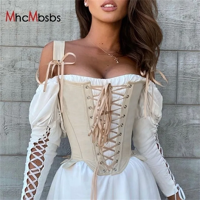 Zomer Vintage Corset Bustier Top Dames Cut Out Sexy Lace Up Bandage Mouwloze Tank Tops Fairy Princess Vest Cosplay Kostuum 220325