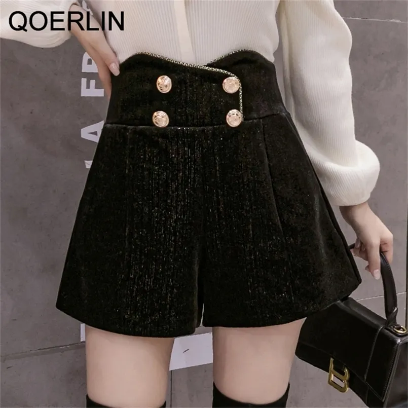 QOERLIN hiver Chenille Shorts femmes Shorts en laine taille haute bouton dos fermeture éclair pantalon court femmes noir Bermuda grande taille 220419