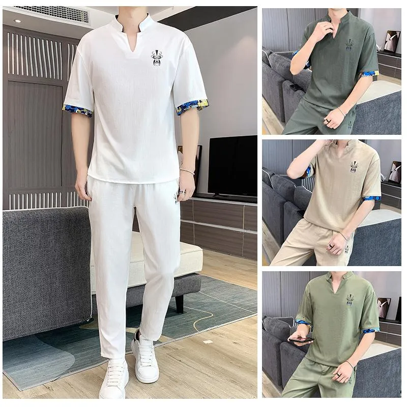 Herrespår sommaren mäns t-shirt kostym kinesisk stil stor storlek fritid original andningsbar kort ärm manliga uppsättningar m-4xl tz218men's