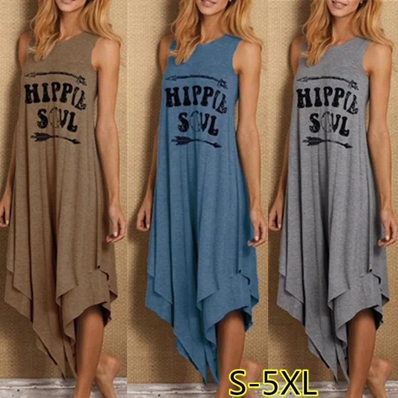 Casual Dress Women Summer Loose Hippie Soul Letter Print Long Es Streetwear Irregular Hem Sleeveless Maxi 220418