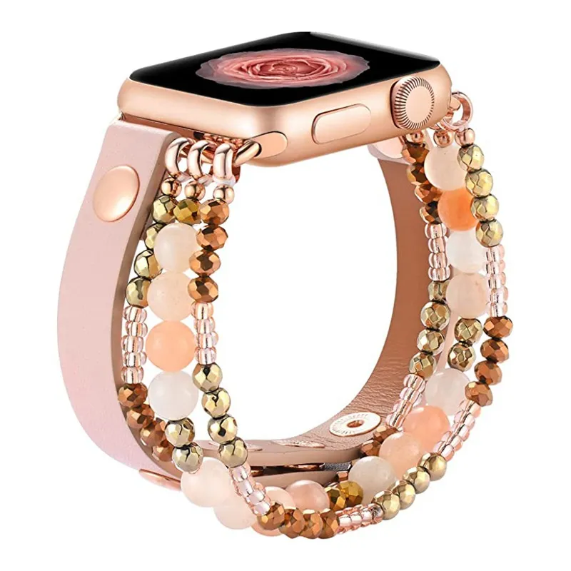 Pulsera de joyería Correa de cuero para Apple Watch 41 mm 45 mm 44 mm 42 mm 40 mm 38 mm Bandas Mujeres Pulsera de ágata ajustable iwatch 7 6 5 4 3 Serie Se Accesorios de correa de reloj