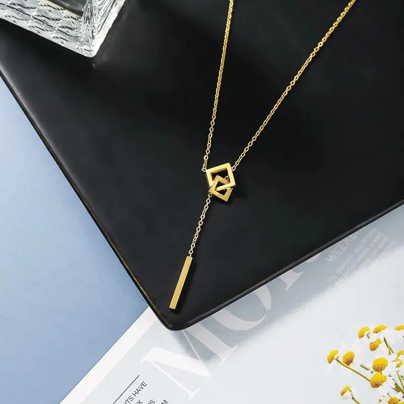 Pendant Necklaces Trendy Stainless Steel Gold Silver Rose Necklace For Women Charm Square Interlocking Long Clavicle ChainPendant