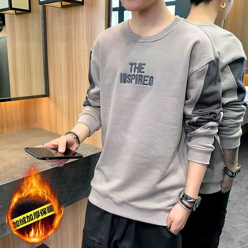 Autumn and Winter Korean Fashion Plush Thick Embroidered Sweater Loose Versatile Long Sleeve Round Neck Pullover for Men