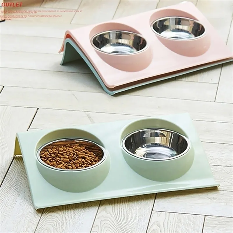 Double Bowls Pet dog cat Feeding Station Stainless Steel Water Food Bowls Feeder Solution for Dogs Cats supplies 210320