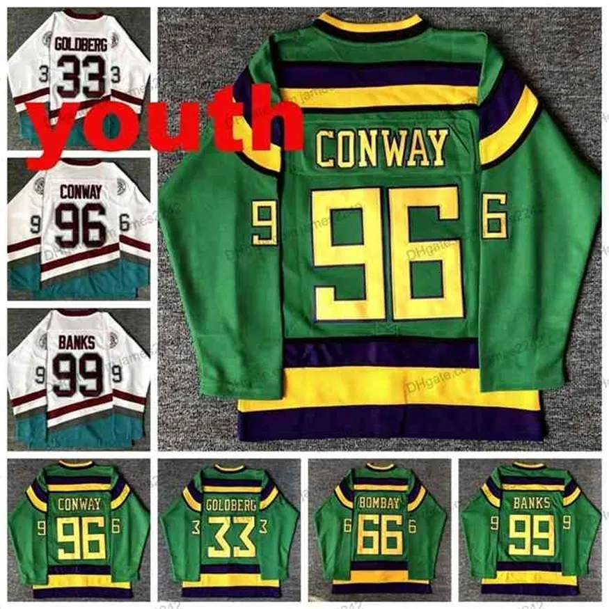 Nikivip Maillot de hockey Mighty Ducks Movie pour jeunes enfants # 33 Greg Goldberg # 96 Charlie Conway # 99 Adam Banks # 66 Gordon Bombay Maillots cousus Blanc