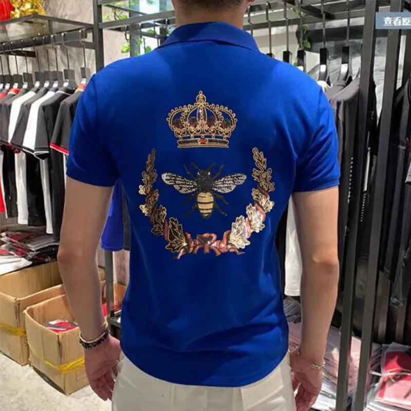 Men's Polo Short Sleeve T-shirt Bee Crown Diamond Rhinestone Latest Summer Trend Male Lapel Tees Young Handsome Design Style Blue Cotton Man Clothing S-3XL