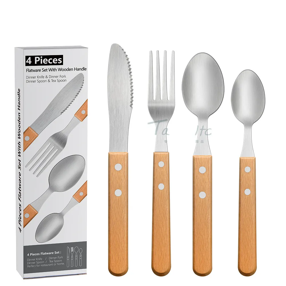 Christmas Gift Premium 304 Stainless Steel Portable Cutlery Set Wooden Handle Flatware Utensils Knife Fork Spoon Tableware