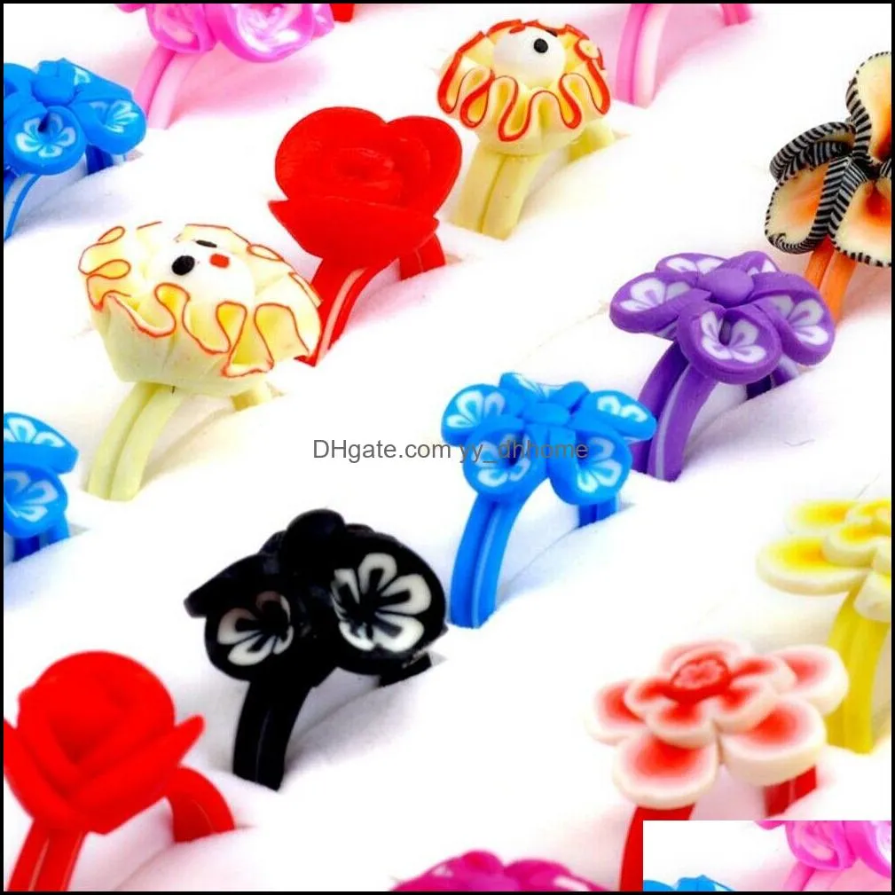 50pcs wholesale mixed kids flower rings colorful polymer clay band ring