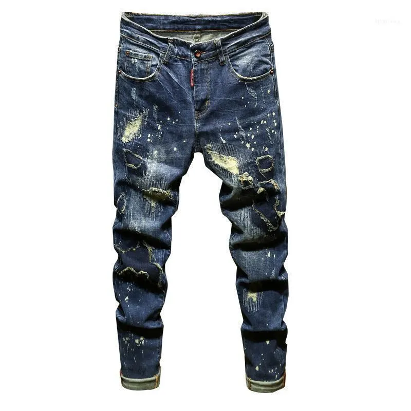 Jeans masculino europeu e americano com remendo de buraco fino emendado designer de calças de motociclista moda casual elástico rasgado streetwear para