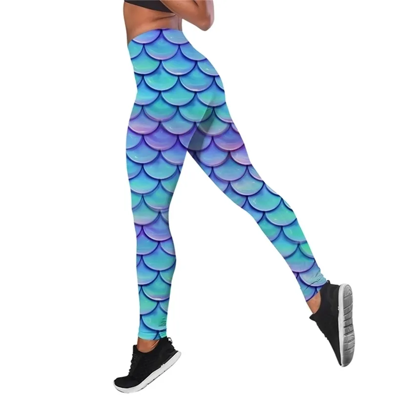Леггинсы для косплея с рыбьей чешуей, женские леггинсы с высокой талией и принтом, пуш-ап, 3D эластичные спортивные штаны для тренировок, W220617
