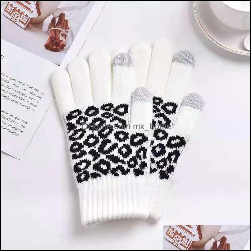 winter women gloves leopard printing warm thick knitted mittens female touch screen outdoor driving ski full fingers glove z4870