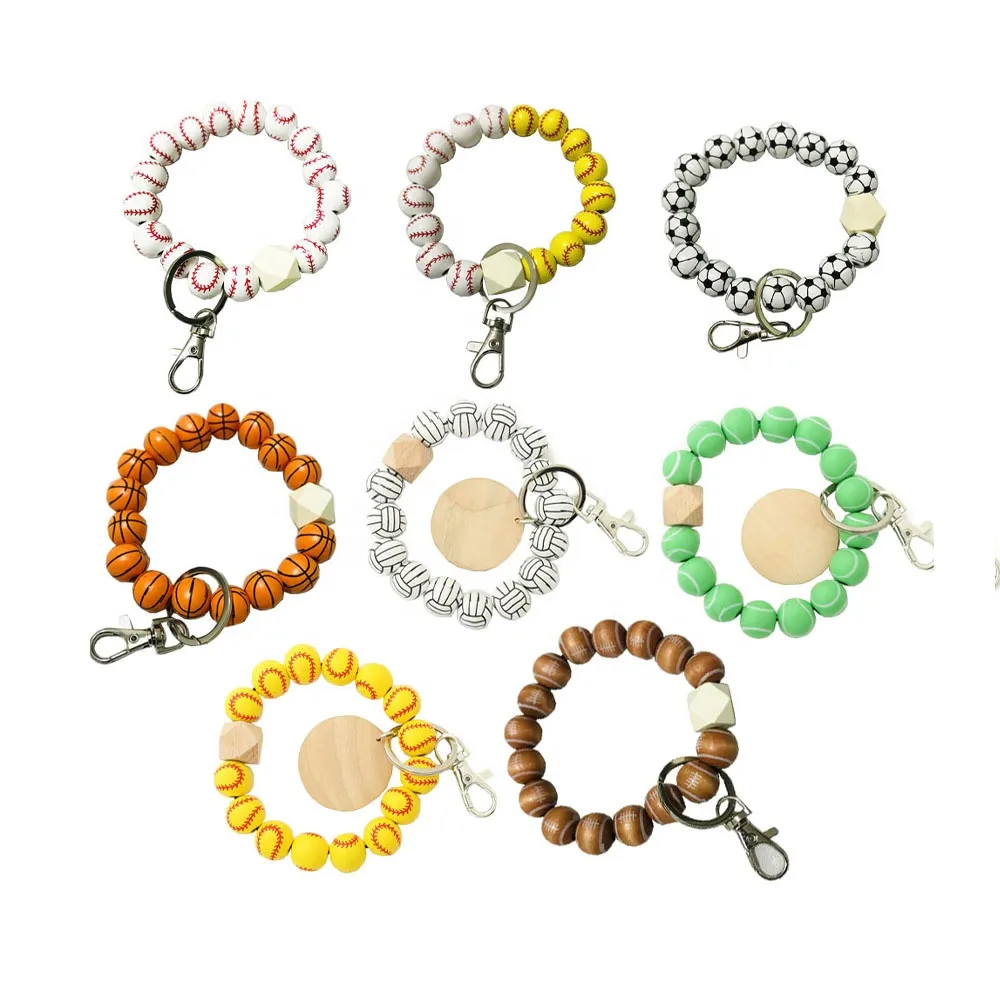 Sports Wooden Beads Keychain Wristlet Softball Football Basketball Printed Beaded Keyring