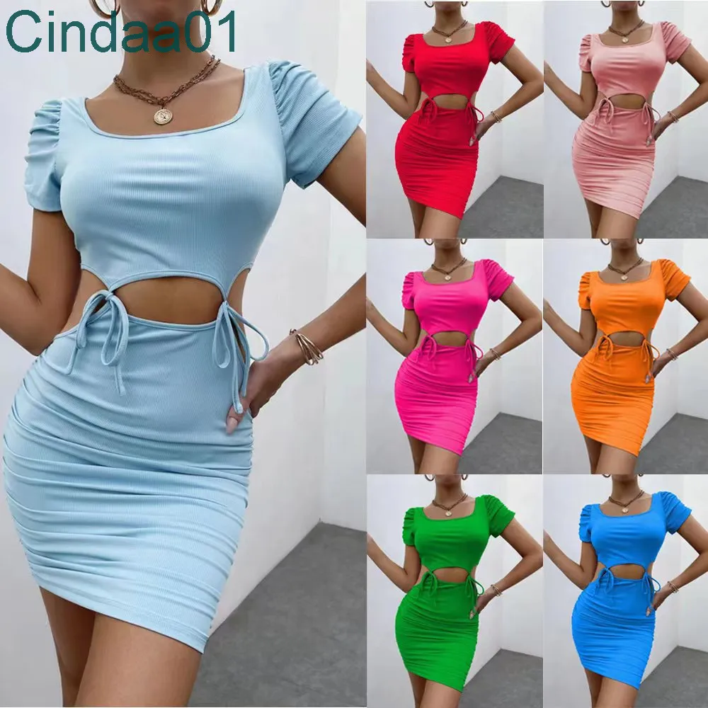 Summer Sexy Woman Pleated Dresses Women's Short Sleeved Hip Wrap Tight Short Skirt Plus Size Clothing
