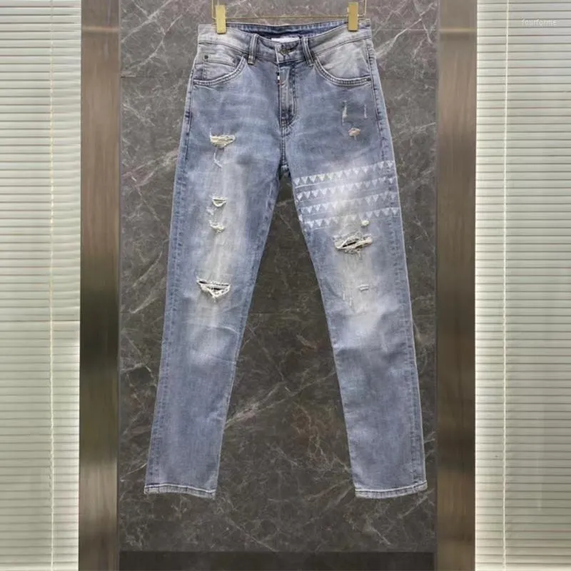 سراويل جينز للرجال العلامة التجارية للرجال الراقية تصميم الثقب الأصلي للرجال سراويل الترفيه الفاخرة الشهيرة للجنسين مرونة عالية الجودة