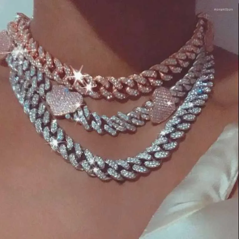 Chains 12mm Width Pink Heart Iced Out Bling 5A Cubic Zirconia Cz Choker Necklace Women Girlfriend Gift Cuban Link Chain JewelryChains