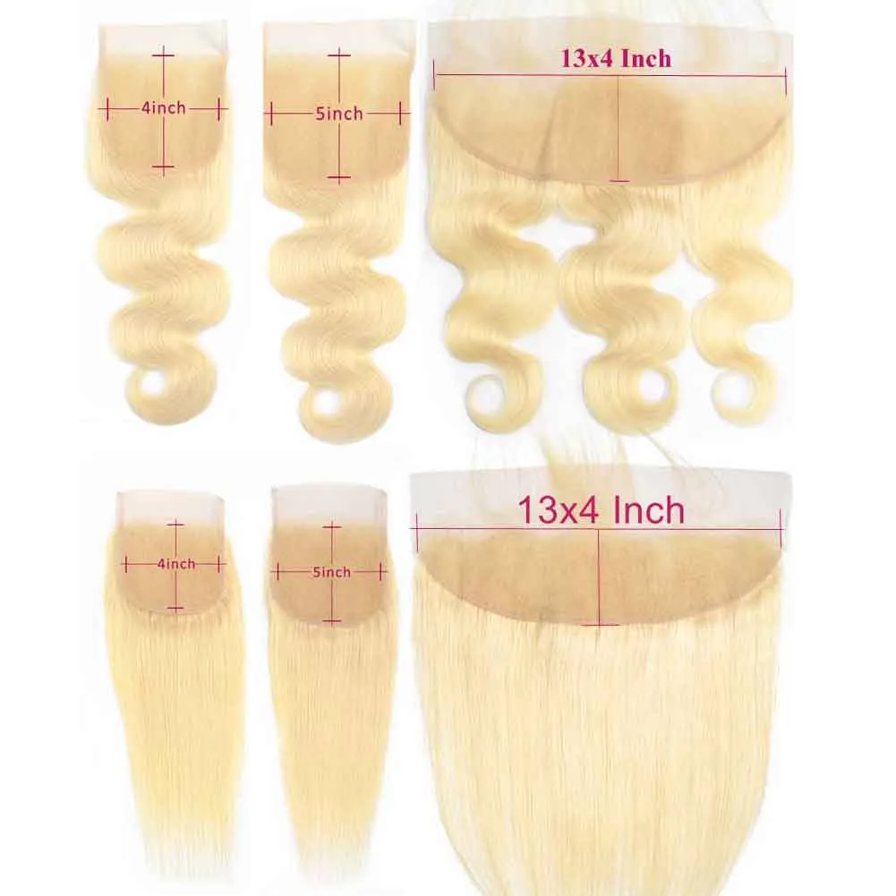 Vente en gros 10 pièces/lot fermeture à lacets transparente HD cheveux bruts droits #613 blond 13*4 5*5 pouces fermetures supérieures à lacets 10 "-20"