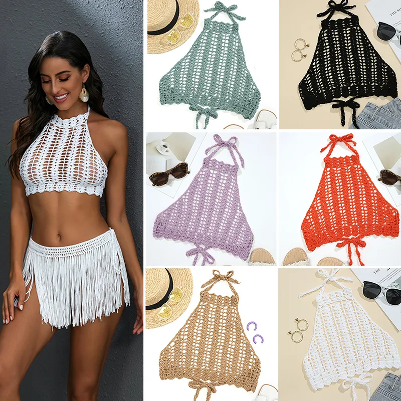 CC Sexy Crochet Bikini Top Ladies Boho Hollowed Lace Up Chest Wrap Crop Beachwear Handgemaakt Backless Beach Outfit Swimsuit 220611