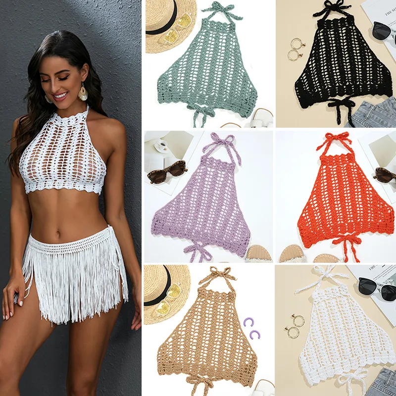 CC Sexy Crochet Bikini Top Ladies Boho Hollowed Lace Up Chest Wrapping Crop Beachwear Handmade Backless Beach Outfit Swimsuit 220611