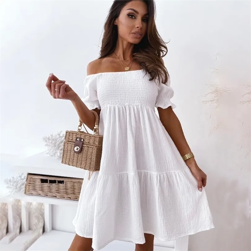 Women Sexy Backless Mini Dress Summer Fashion Lady Slash Neck White Puff Sleeve Big Swing Party Beach Dresses Casual Robe Femme 220402