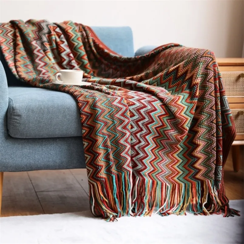 Bohemisk filt soffa täcker geometrisk stickad slipcover för soffstol säng pläd boho dekorativ filt cobertor manta deken 220527