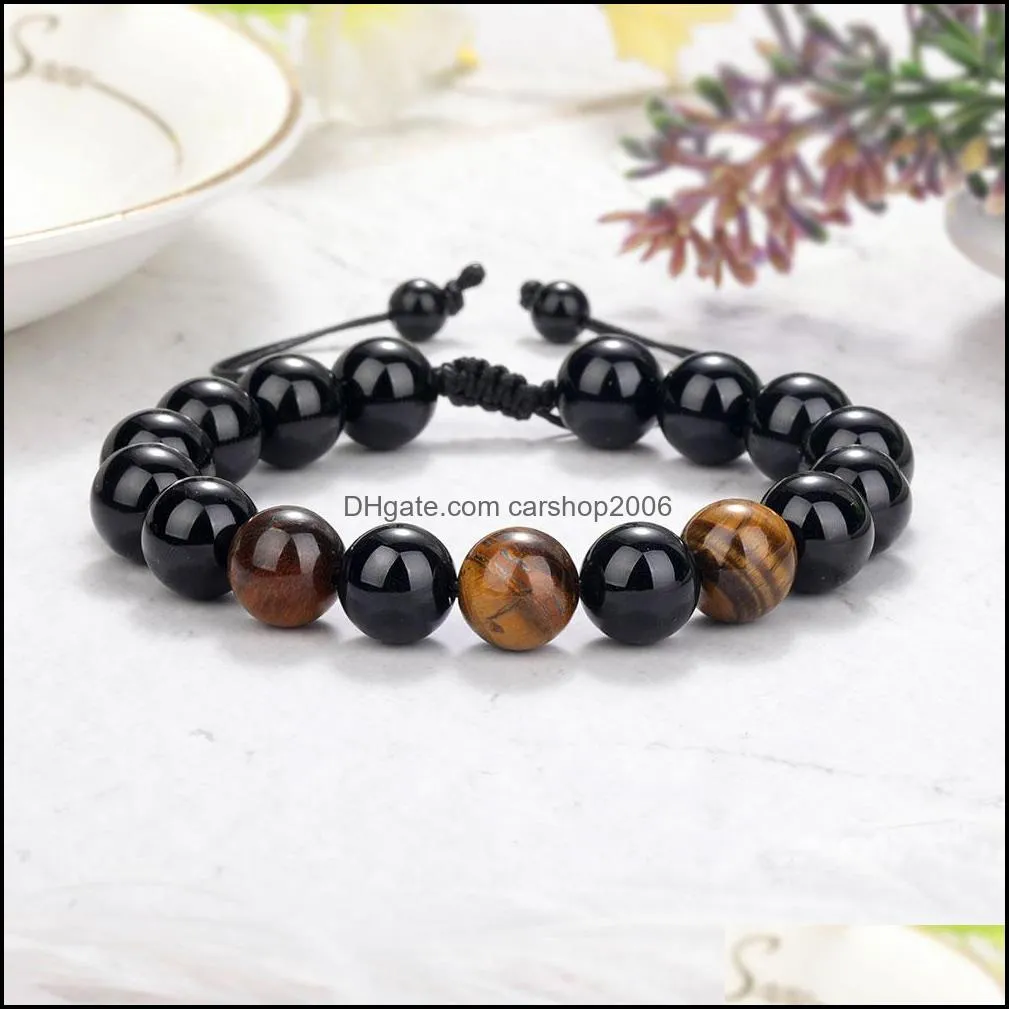 new arrival tiger eye beaded link bracelet for men women adjustable size 10mm lava stone black beads braided bracelets jewelry gift