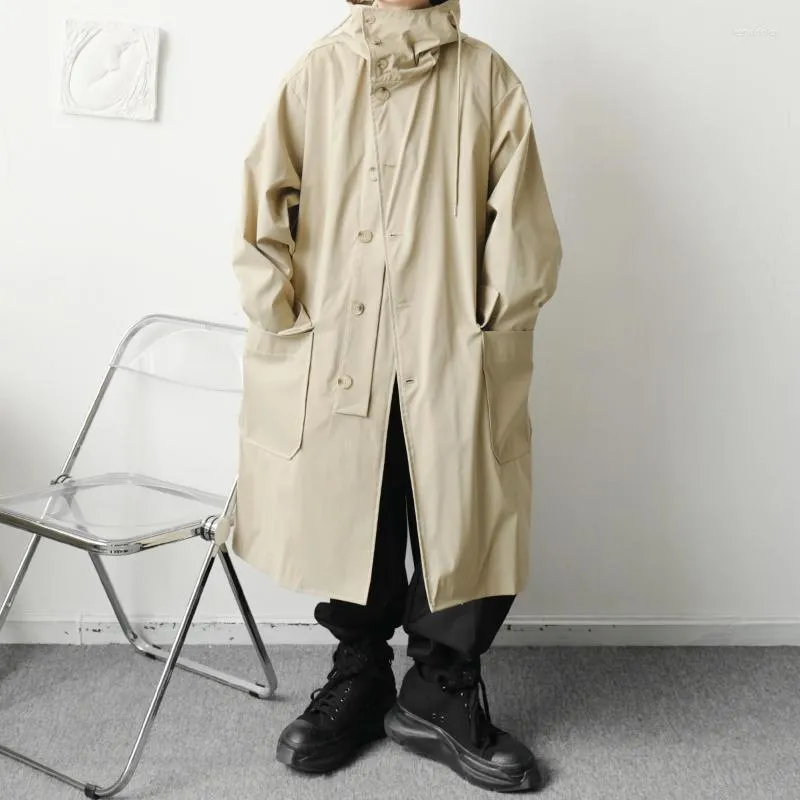 Męskie prochowce koreańska moda uliczna trencz męski Oversize luźny, na co dzień Vintage elegancki długi płaszcz z kapturem kardigan płaszcz odzież wierzchnia kurtka Kend