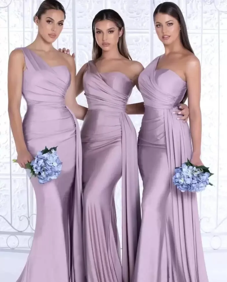 Blush roze Afrikaanse een schouder zeemeermin bruidsmeisje jurken vloer lengte bruiloft gasten jurken junior bruidsmeisje jurk lint feestjurk bc12587