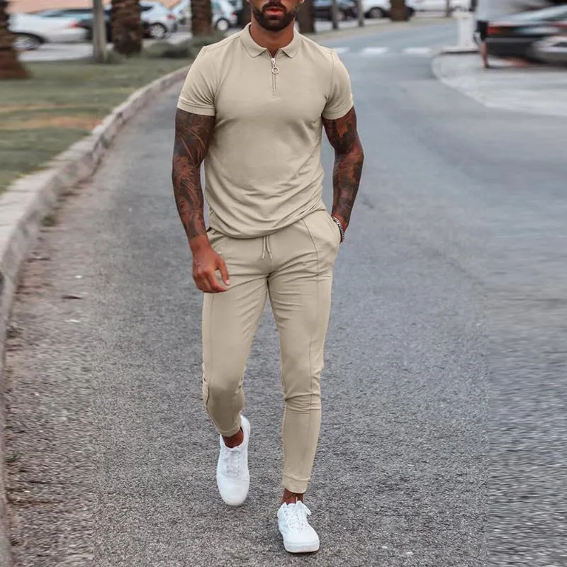 Men's Tracksuits Summer Men's Suit Lapel Zipper Short-Sleeved Shirt Stylish Slim Pants Solid Color Casual 2 Pieces Sets SportswearMen's