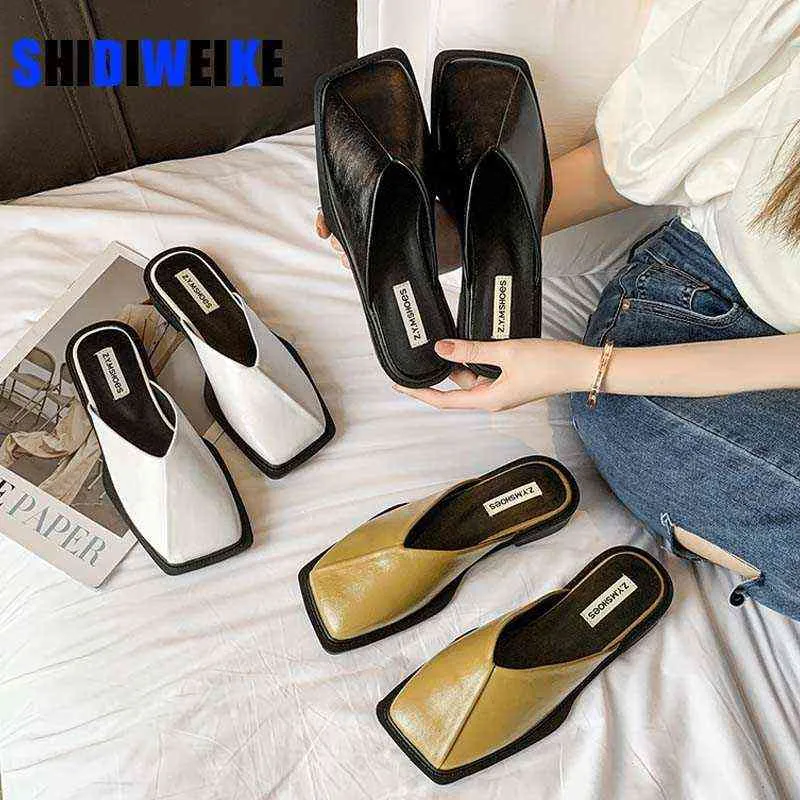 Elegant slip på mulor Vit Fashion Square Toe Sandaler Kvinnor Klädskor Spring Summer Flat Slippers Hot Pumps Party Soft 220519