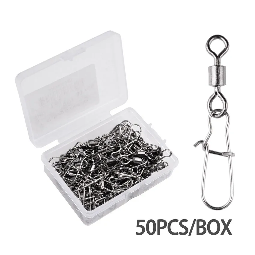 50PCS/ Box Fishing Connector Swivels Pin Bearing Pesca Rolling Swivel Fishing Snap Fishhook Lure Fish Hook Tackle