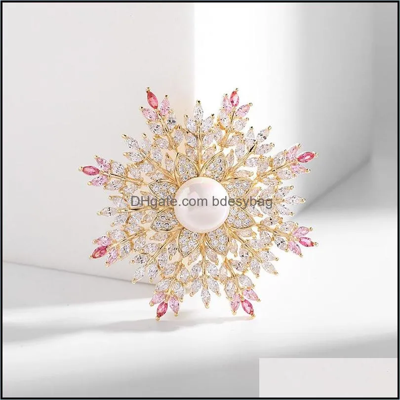 designer women pearl brooch snowflake suit brooches for woman zircon lady flower pins vintage elegant luxury bride dress pins flowers top pin