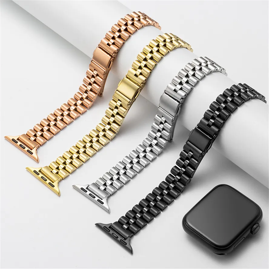 Lady Smart Braps Bear Band Band Slim Metal Link Bracelet Три брастель бусинки для Apple Watch 3 4 5 6 7 SE 38/40/41 мм 42/44/45 мм полоса