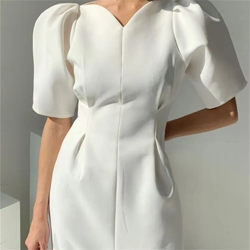 Elegant Women Short Puff Sleeve Summer Dress Korea Style Office Lady One Pieces Slim Waist Female Fashion Clothes Vestdios 220613