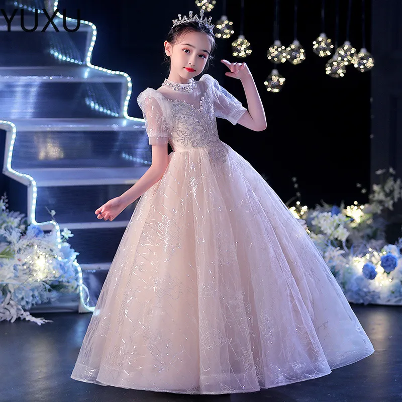 Champagne Flower Girl Princess Evening Gown with Lace Applique, Beads, and Sequins - Perfect for First Holy Communion and Pageants