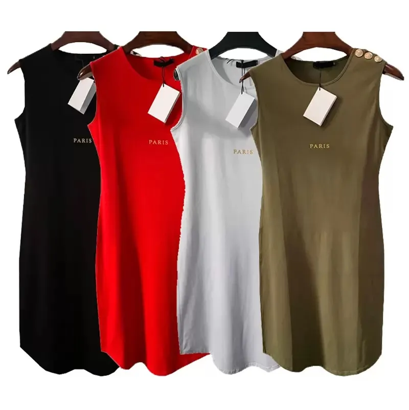女性のカジュアルドレスレディースのための夏の綿のゆるいドレスは、文字のある4色の文字付きの袖なしの女性服