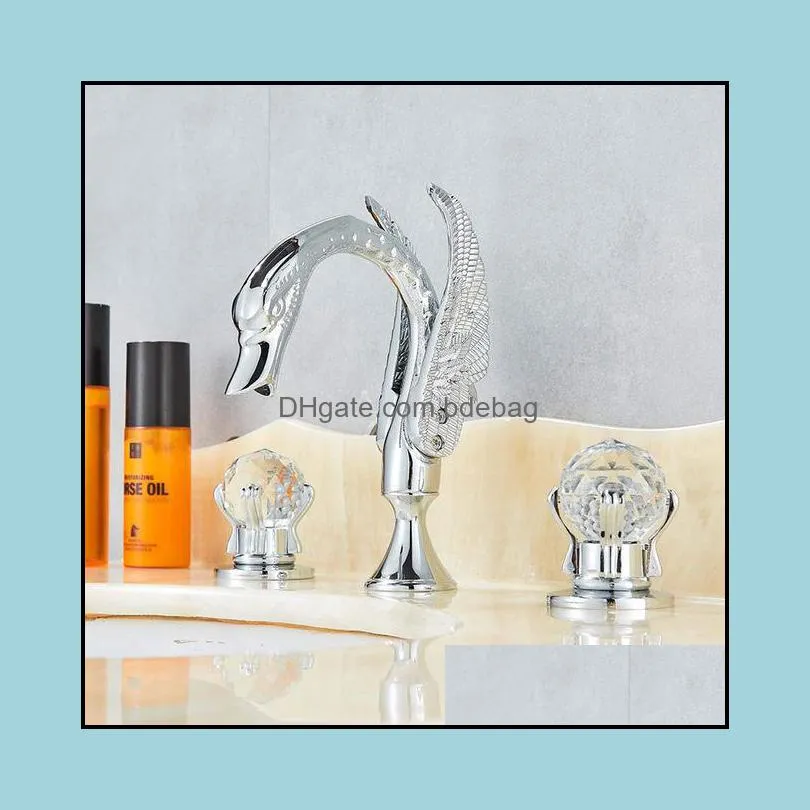 Wholesale And Retail Widespread Bathroom Sink Tap Polished Gold Swan Two Glass Handles 3 Hole Mixer Elegant tap