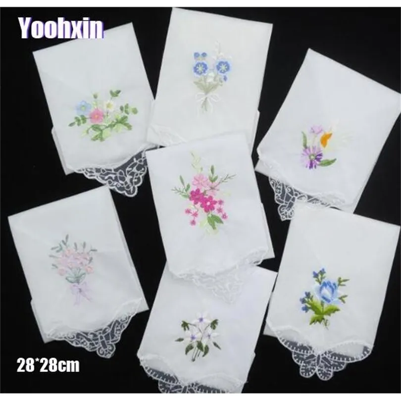 3PCS Luxury Cotton Women Hankies Embroidered Lace Flower Hanky Floral Random Color Cloth Ladies Handkerchief Fabrics T200618
