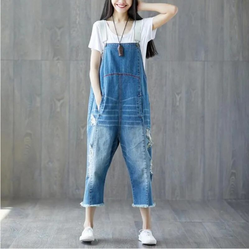 Women's Jumpsuits & Rompers Summer Hole Splicing Denim Nine-point Pants Personalized Washed Stitching Tassel Hem Loose Jumpsuit