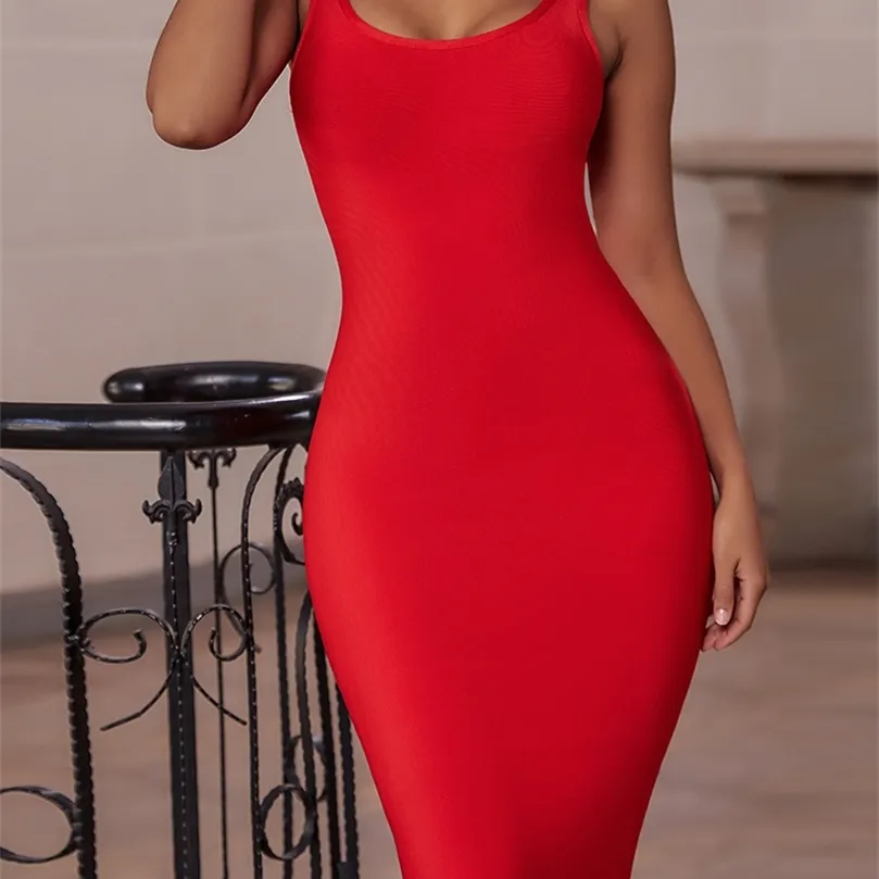 Bandage Dress Red Summer Women's Midi Dress Bodycon Elegant Sexig högkvalitativ gul rosa Vit Evening Party Dress Club 220516