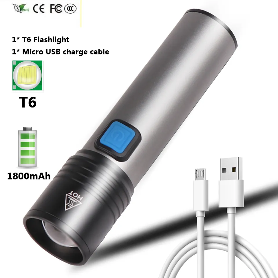 Lampe de poche LED Rechargeable par USB, avec batterie au lithium T6 intégrée de 1200mAh, étanche, lampe de camping, Zoomable, nouvelle collection