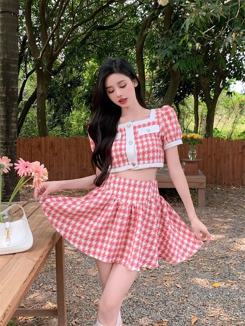 Summer Skirt Sets: Chic Plaid Two Piece Set Summer With Crop