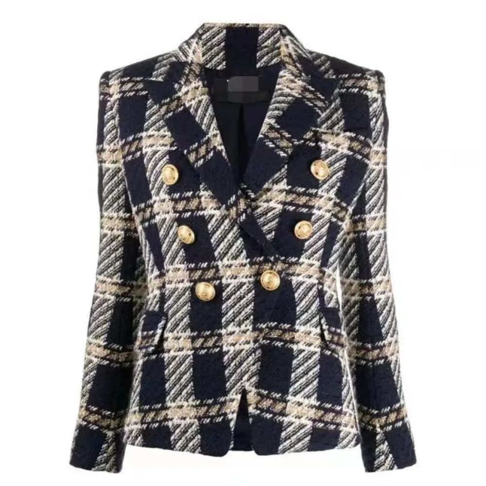 T65GG Damespakken Blazers Feature Crop Blazer golden lion High Profile Suit KWALITEIT Designerjas Damesknopen Double Breasted Plaid Wool Tweed Blazer