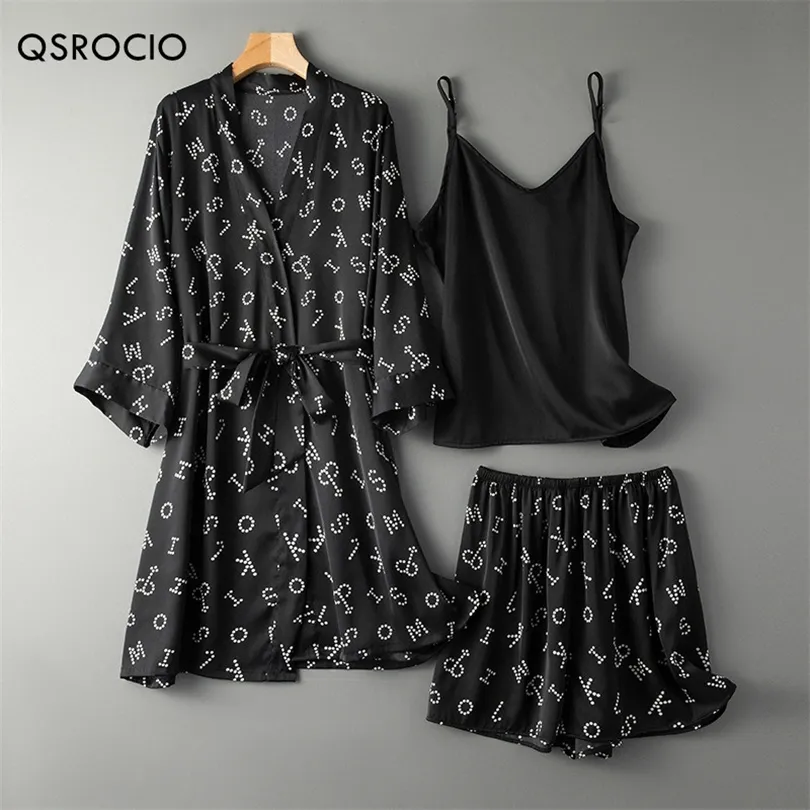 Qsrocio Femmes Pyjamas Set Lettres Partern 3 pièces Robe Sling Shorts de vêtement de nuit Silk Like Mode Femme Home Vêtements Nightwear 220329