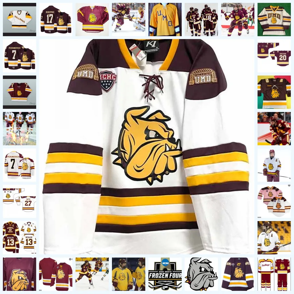 NCAA Özel UMD Minnesota Duluth Bulldogs Dikişli Hokey Forması 22 Thomas Milani 89 Jack Connolly 17 Keith Christiansen 25 Tom Kurvers 32 Hunter Shepard Formaları